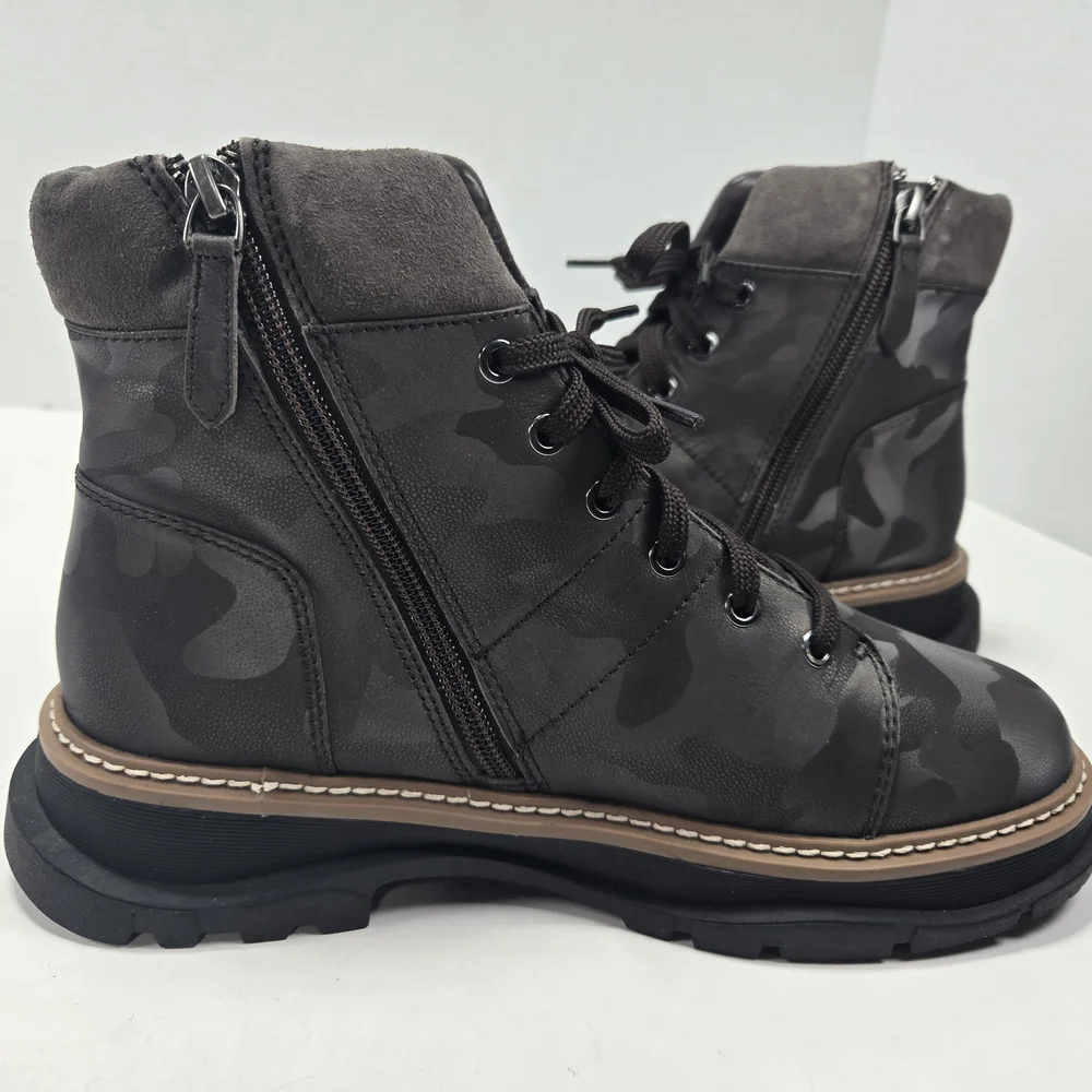 Linea Paolo Women's Boca Dark Brown Camo Combat Leather Ankle Boots Size 8.5